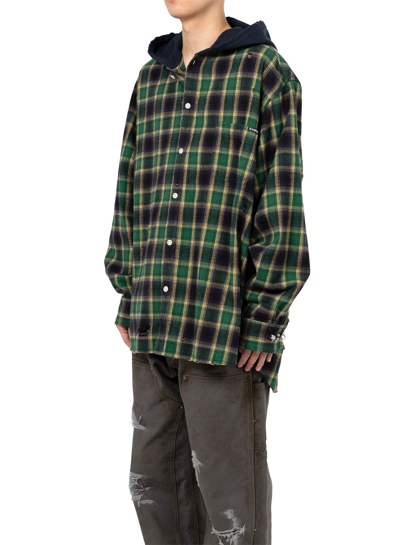 【25AW】ディストレスド フーデッド チェックシャツ / DISTRESSED HOODED CHEAKED SHIRT / グリーン
