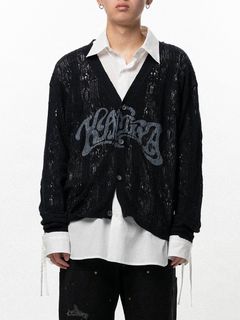 【26SS】ウェービー カミヤ プリンテッド シルクレース ニット カーディガン / "WAVY KAMIYA" PRINTED SILK LACE KNIT CARDIGAN / ブラック