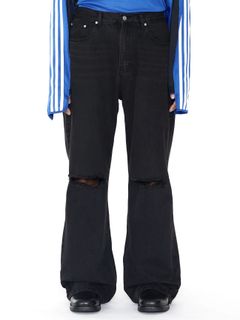 【24AW】デストロイ ブレイク カットフレア デニムパンツ / BLACK WASHED DESTORYED BREAK CUT FLARED JEANS / ブラック