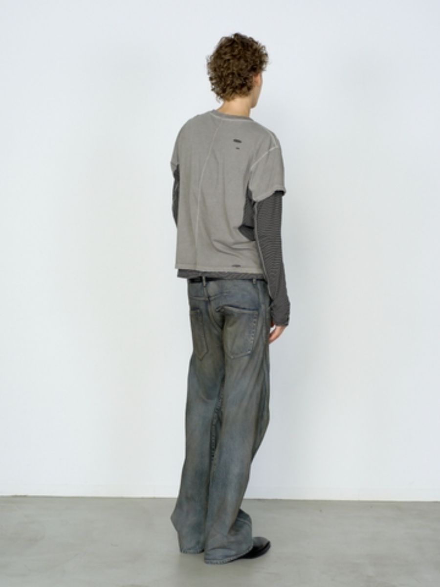 ディストレスド パネルド レイヤード スリーブ Tシャツ 長袖 カットソー / DISTRESSED PANNELD LAYERD SLEEVE T-SHIRT / COMPOST (グレー)