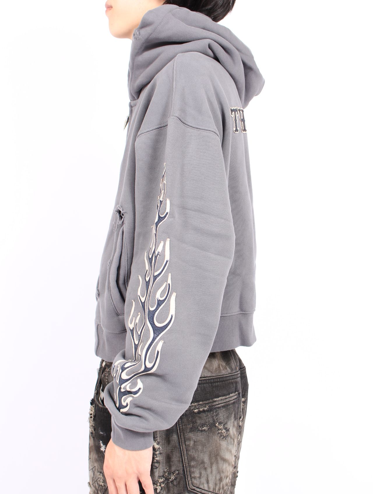 【25AW】 レザー フレーム クロップド ジップアップ パーカー / LEATHER FLAME CROPPED HOODED ZIP-UP / グレー