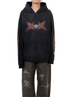 【25AW】スカル フレイム ディストレスド ジップ パーカー / "SKULL FLAME"DISTRESSED ZIP HOODIE / ブラック