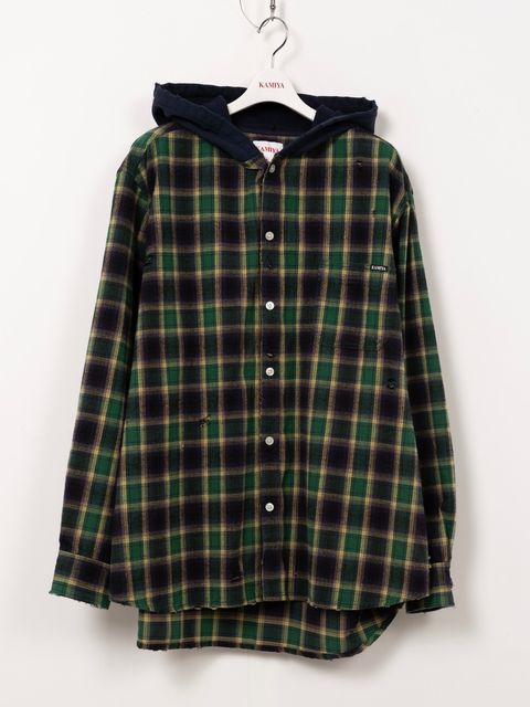 【25AW】ディストレスド フーデッド チェックシャツ / DISTRESSED HOODED CHEAKED SHIRT / グリーン