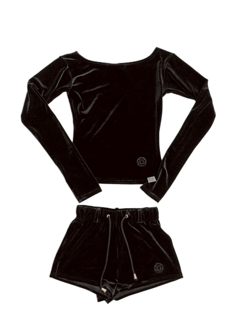 【26SS】ベロア ワンショルダー トップス & トラック ショーツ ジャージ スーツ / VELOURS ONE-SHOULDER TOP&TRACK SHORTS JERSEY SUIT / ブラック