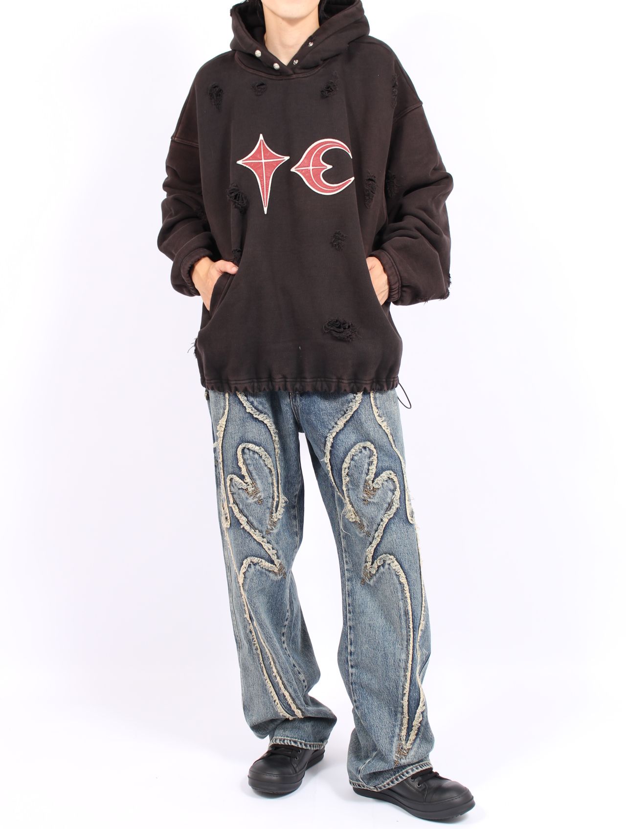 【25AW】ロック フーディー  TCロゴ レザー ダメージ加工 パーカー / ROCK HOODIE / ブラック