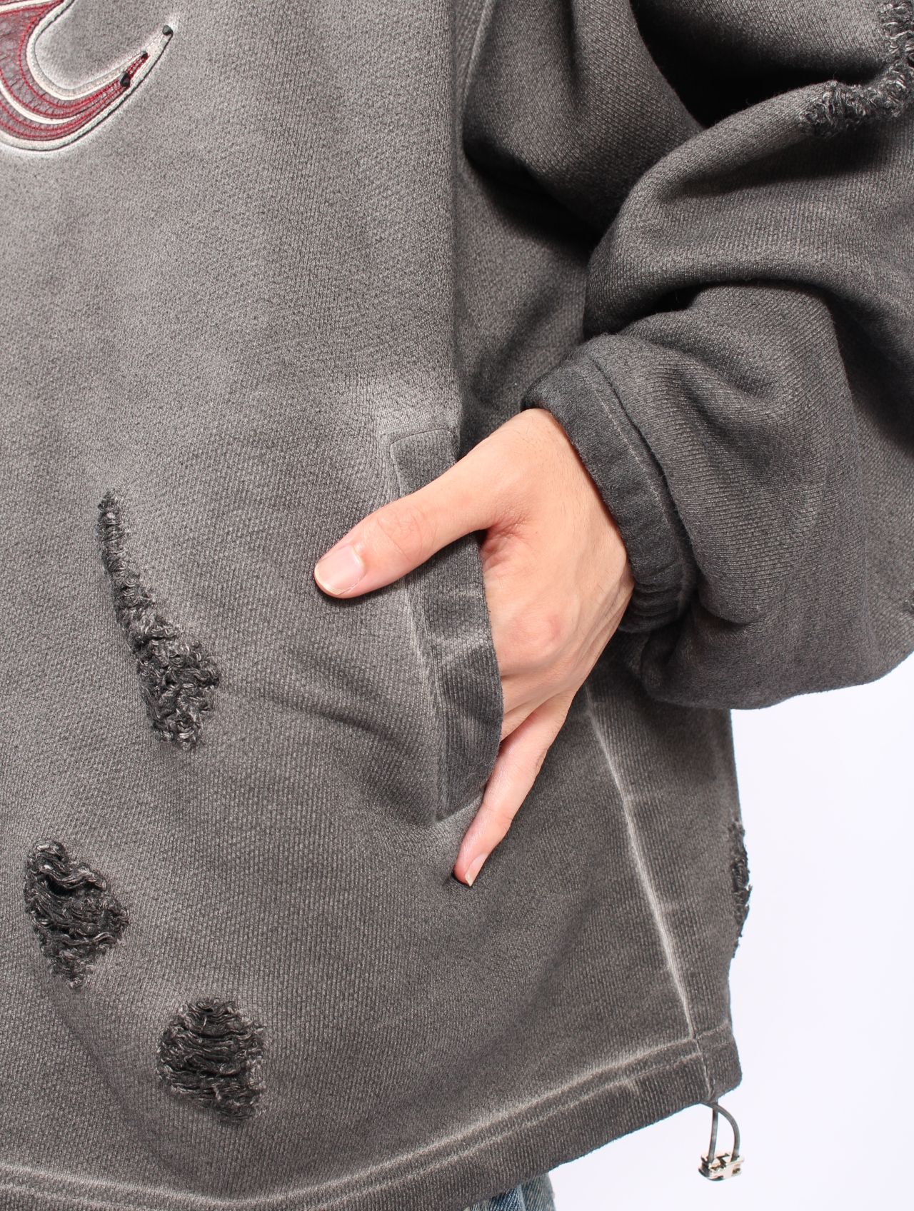 【25AW】ロック フーディー  TCロゴ レザー ダメージ加工 パーカー / ROCK HOODIE / グレー