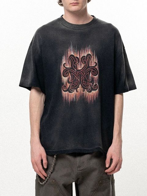 【26SS】"クレヨン フレーム" ディストレスド カミヤ Tシャツ / ”CRAYON FLAME" DISTRESSED TEE / ブラック