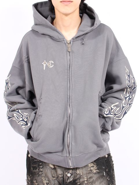 【25AW】レザー フレーム ジップアップ パーカー / LEATHER FLAME HOODED ZIP-UP / グレー