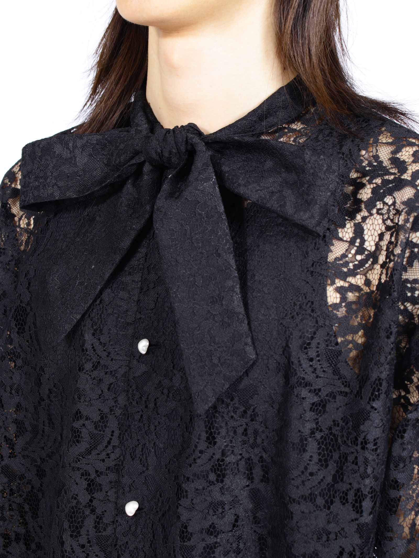 【26AW】フラワーレース ボウタイ シャツ 花柄レース 長袖シャツ / FLOWER LACE BOW TIE SHIRT / ブラック