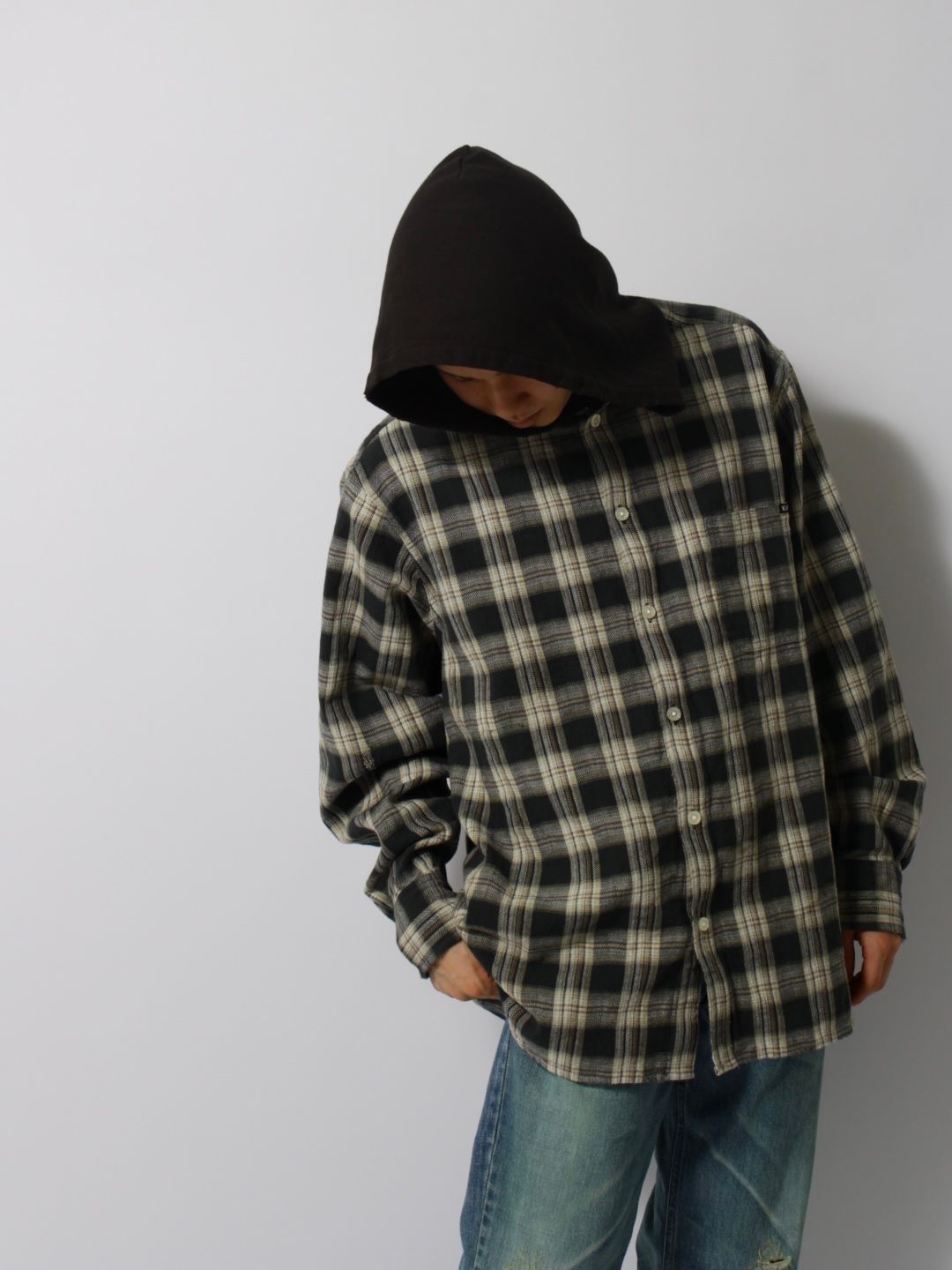 【25SS】ディストレスト チェック シャツフーディー パーカー / DISTRESSED CHECK SHIRT HOODIE / ブラック