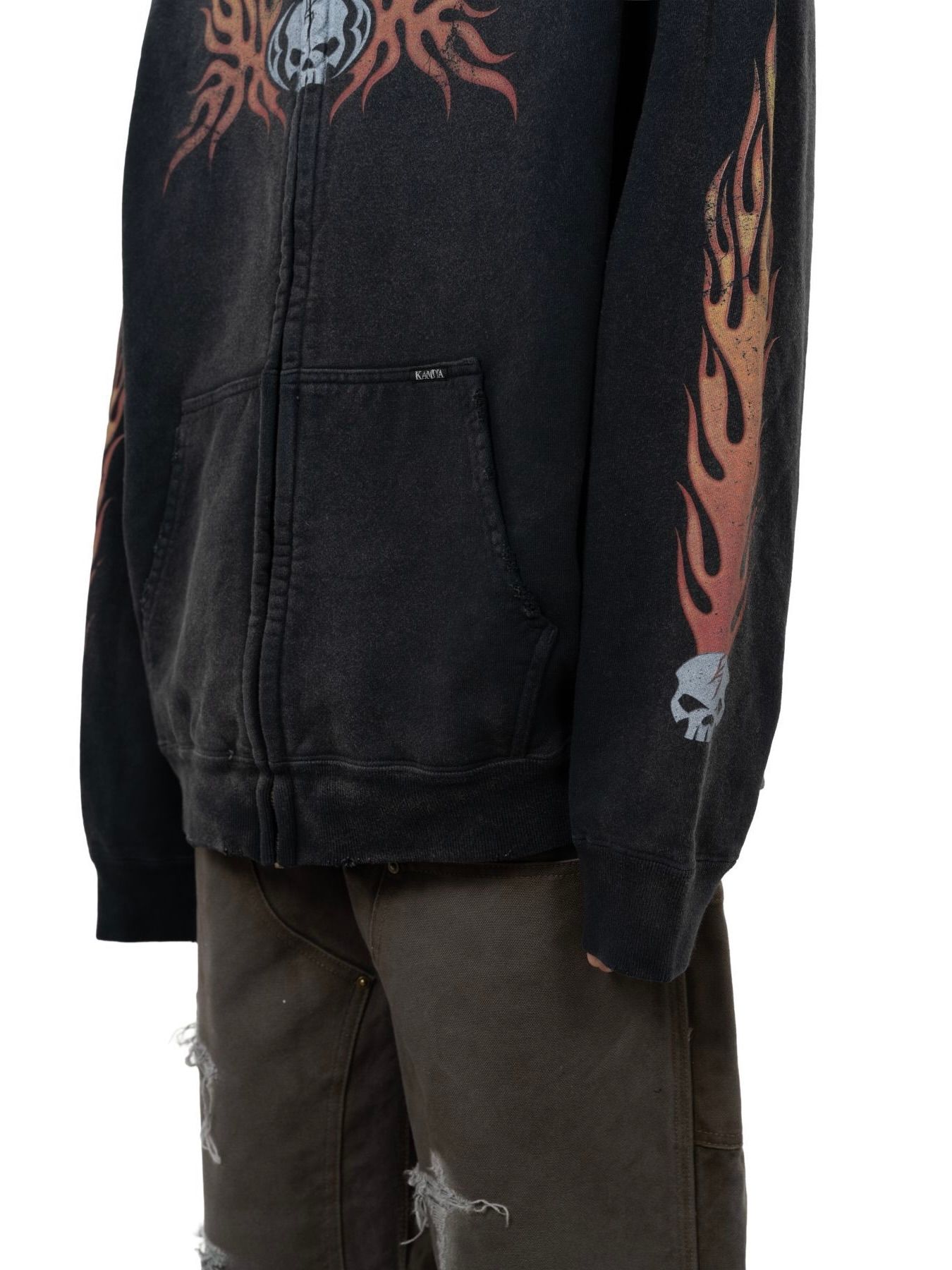 【25AW】スカル フレイム ディストレスド ジップ パーカー / "SKULL FLAME"DISTRESSED ZIP HOODIE / ブラック
