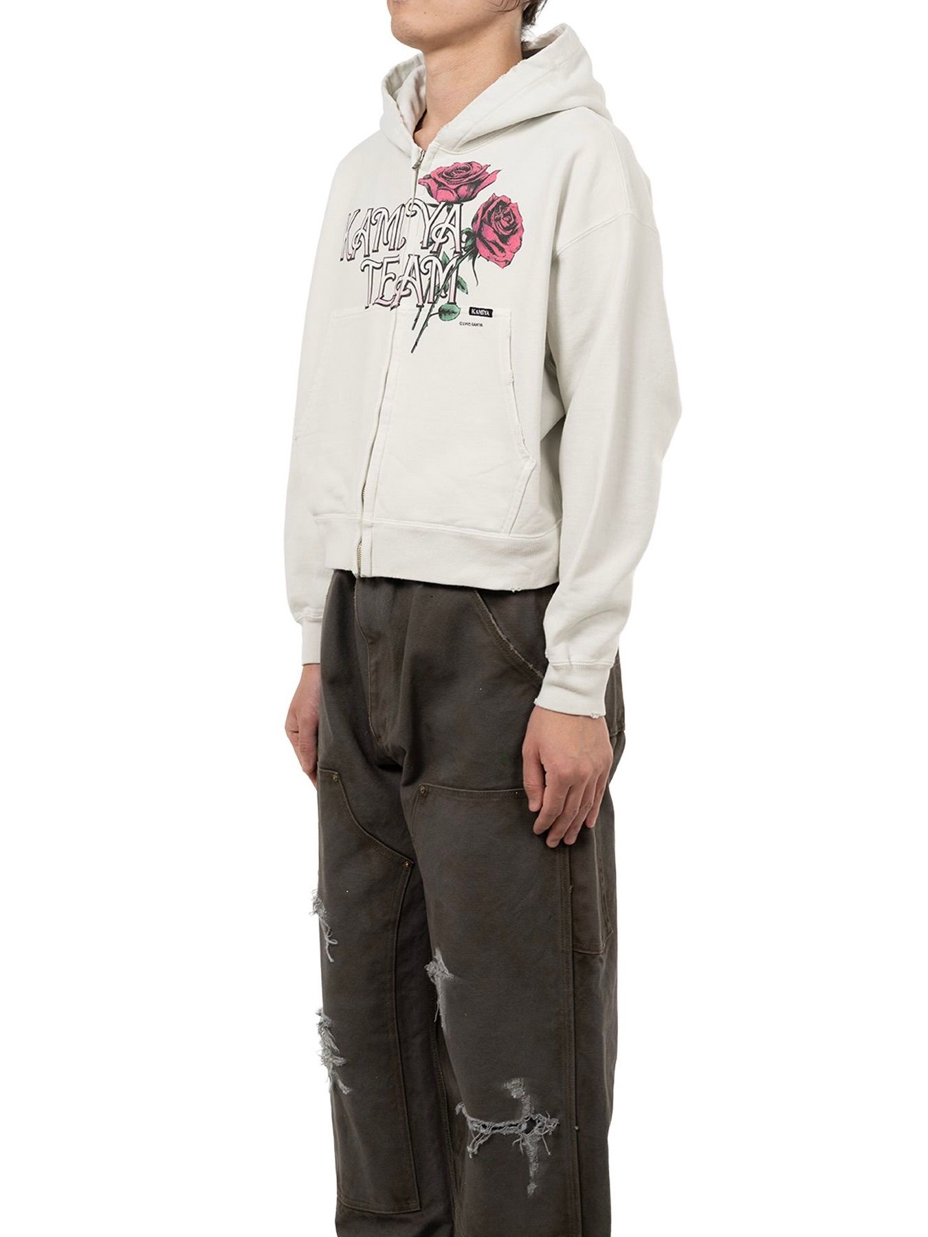 【25AW】ローズ ディストレスド ジップ ショート パーカー / "ROSE"DISTRESSED ZIP SHORT HOODIE / ホワイト