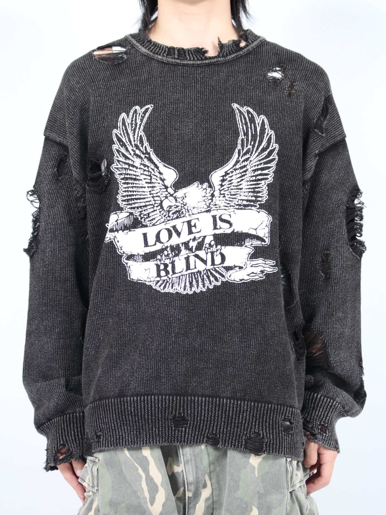 【24AW】ブリーチド プリンテッド プルオーバーニット / BREACHED PRINTED KNIT PULLOVER / ブラック