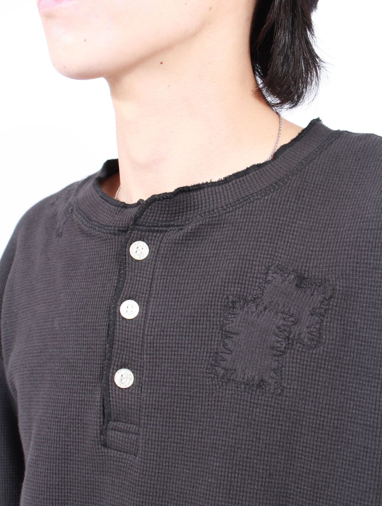 【25AW】ボロ ワッフルニット ヘンリー ロングスリーブ Tシャツ / BORO WAFFLEKNIT HENLEY L/S TEE / ブラック