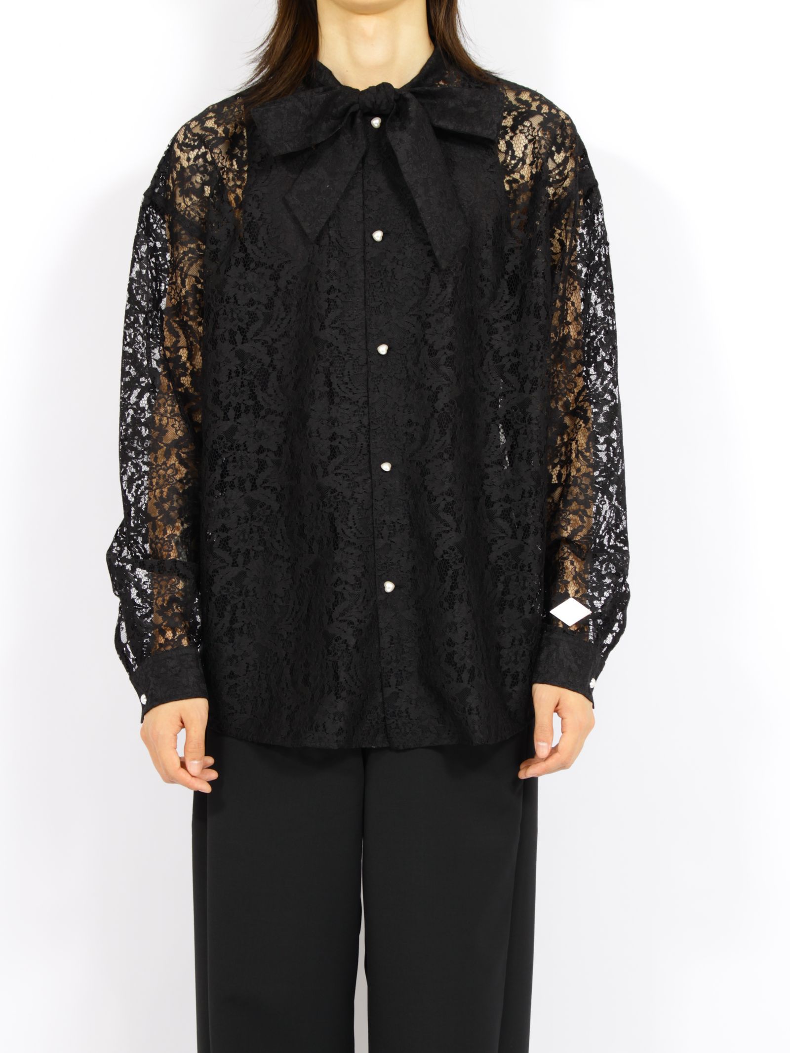 【26AW】フラワーレース ボウタイ シャツ 花柄レース 長袖シャツ / FLOWER LACE BOW TIE SHIRT / ブラック