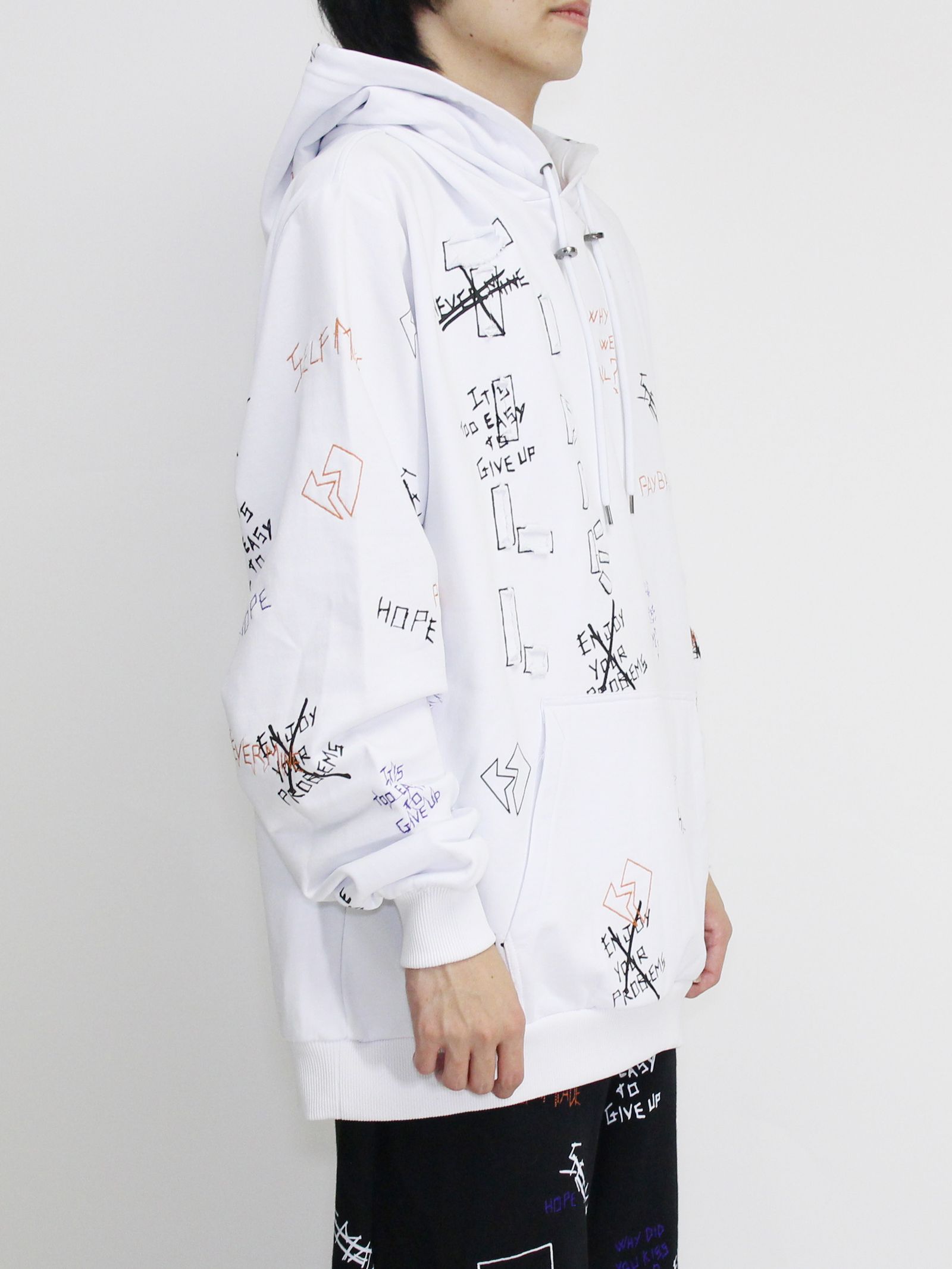【20AW】総柄 刺繍プリント パーカー / WRITTINGS HOODIE / ホワイト