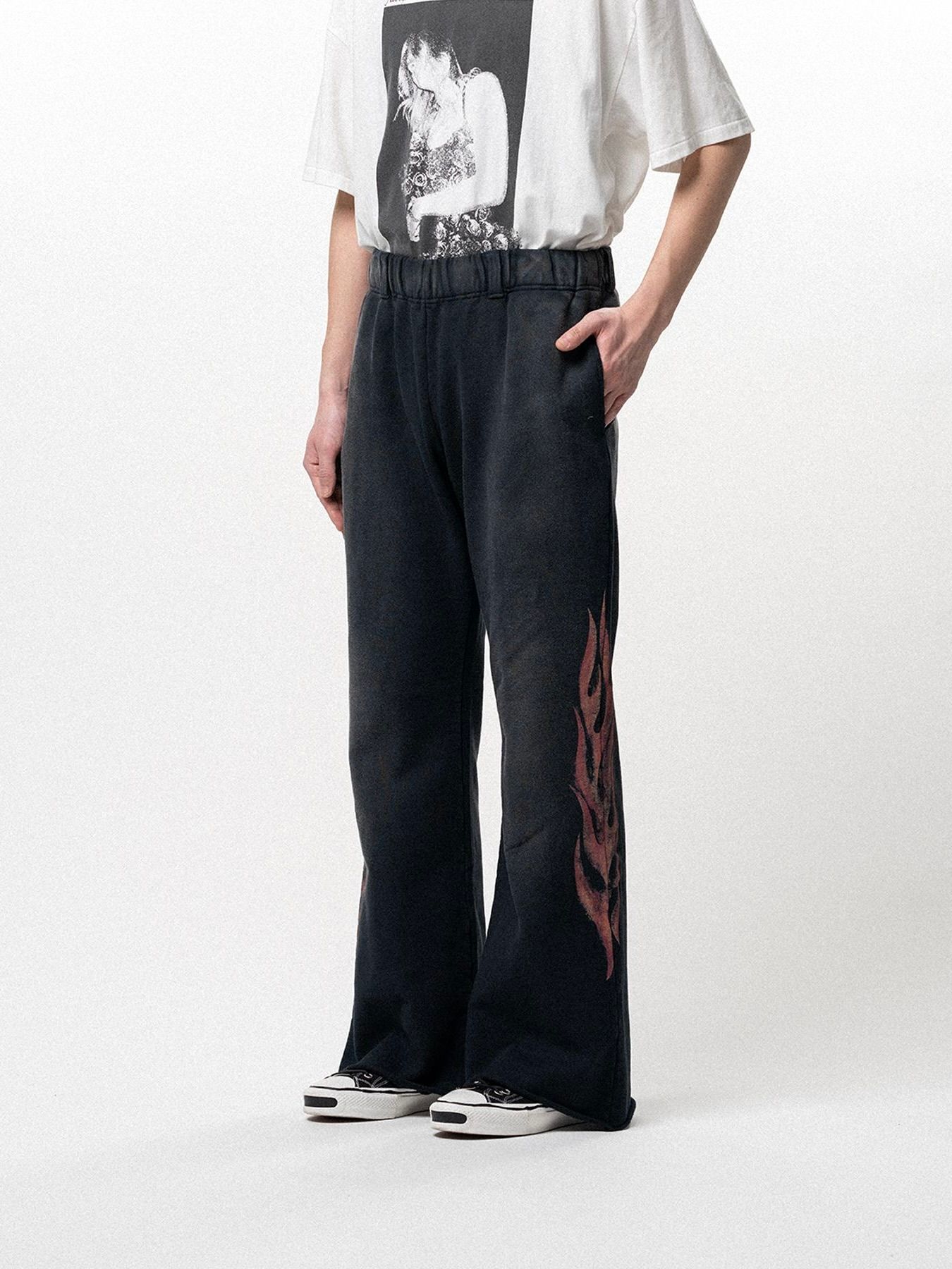 【26SS】クレヨン フレーム ブーツカット スウェットパンツ / "CRAYON FLAME" DISTRESSED BOOTCUT SWEAT PANTS / ブラック