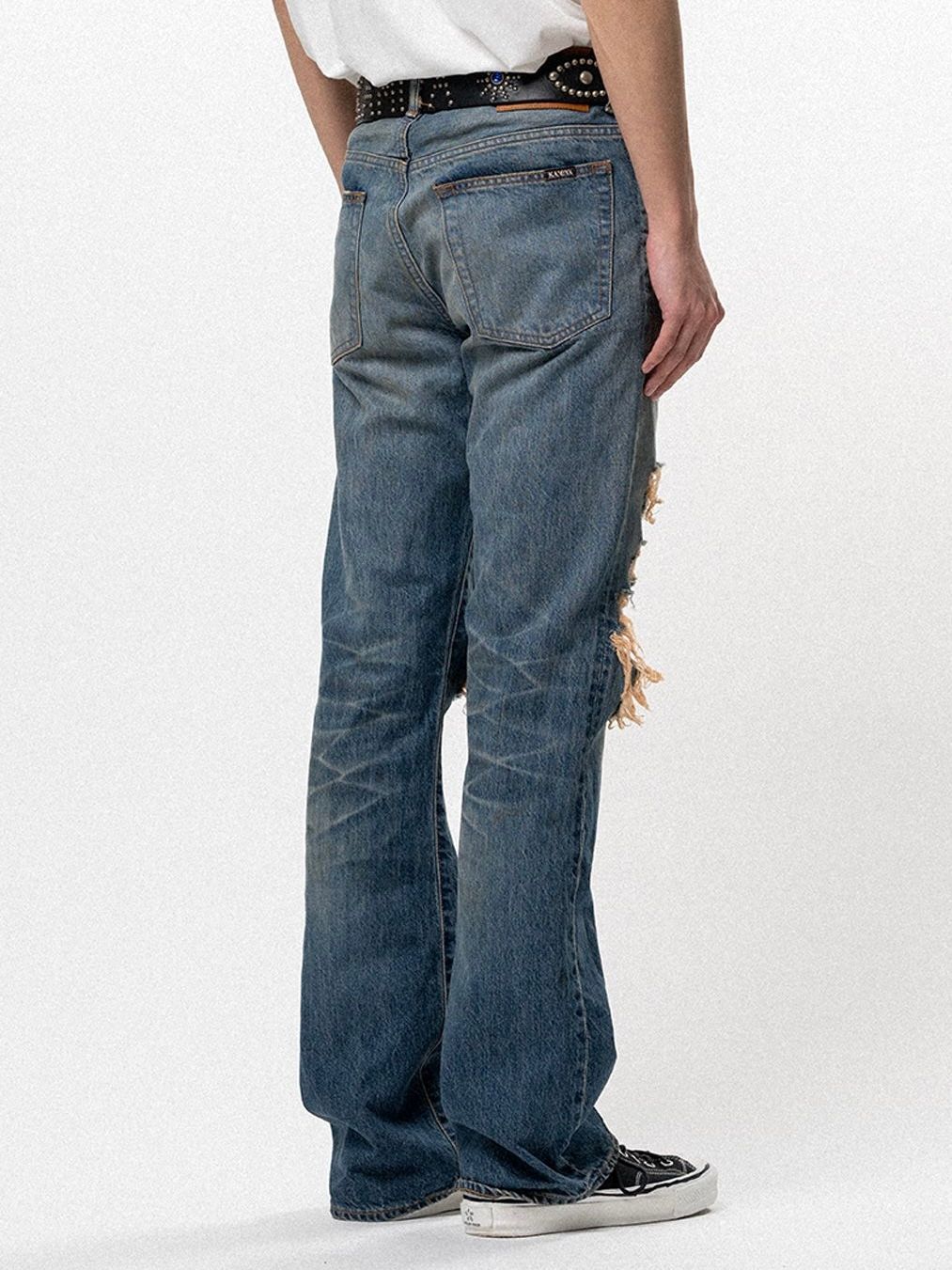 【BTS JIN 着用】ディストレスド スリム ブーツカット ダメージ加工 デストロイ ジーンズ / DSTRSD SLM BOOTCT JEANS / インディゴ