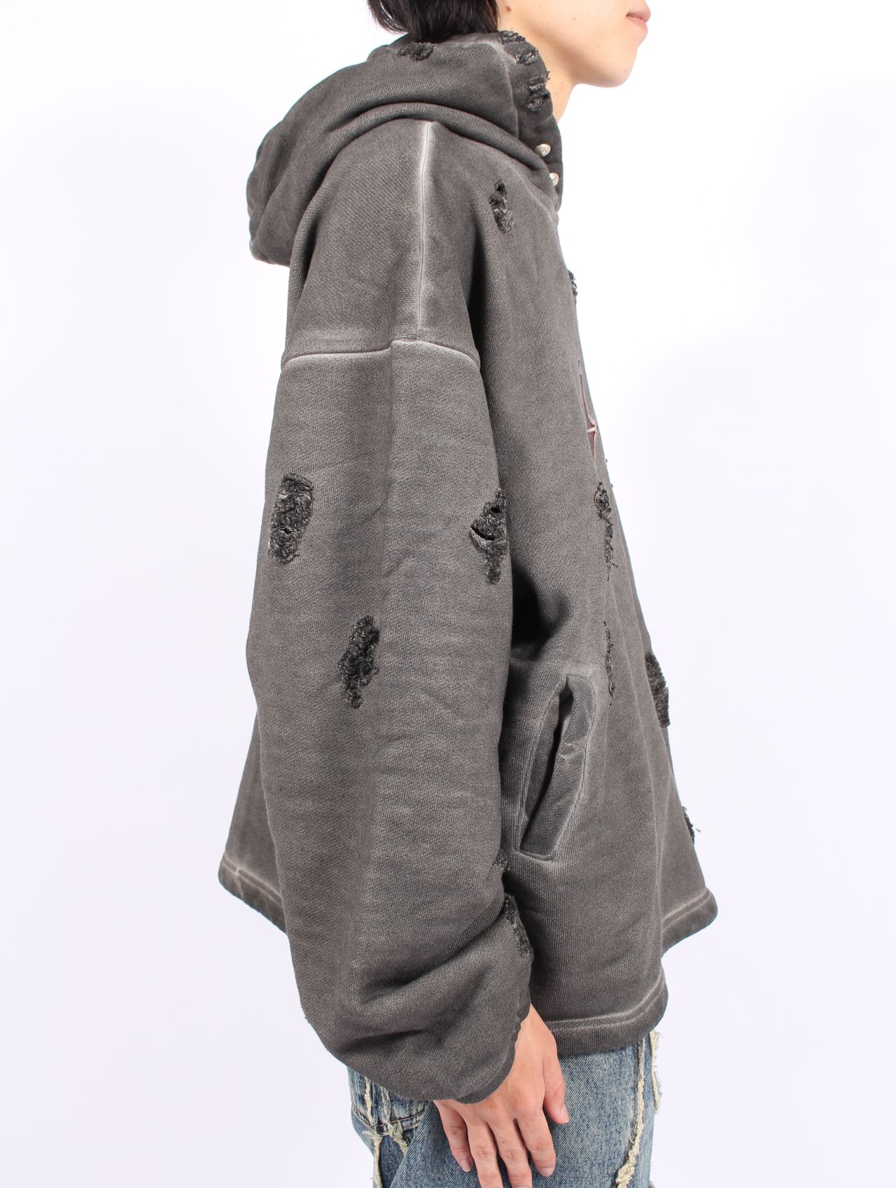 【25AW】ロック フーディー  TCロゴ レザー ダメージ加工 パーカー / ROCK HOODIE / グレー