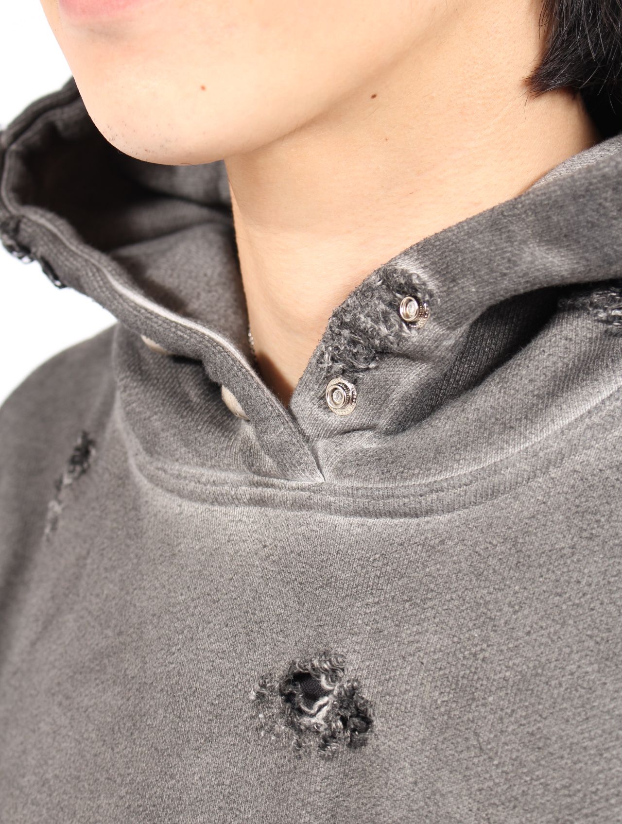 【25AW】ロック フーディー  TCロゴ レザー ダメージ加工 パーカー / ROCK HOODIE / グレー