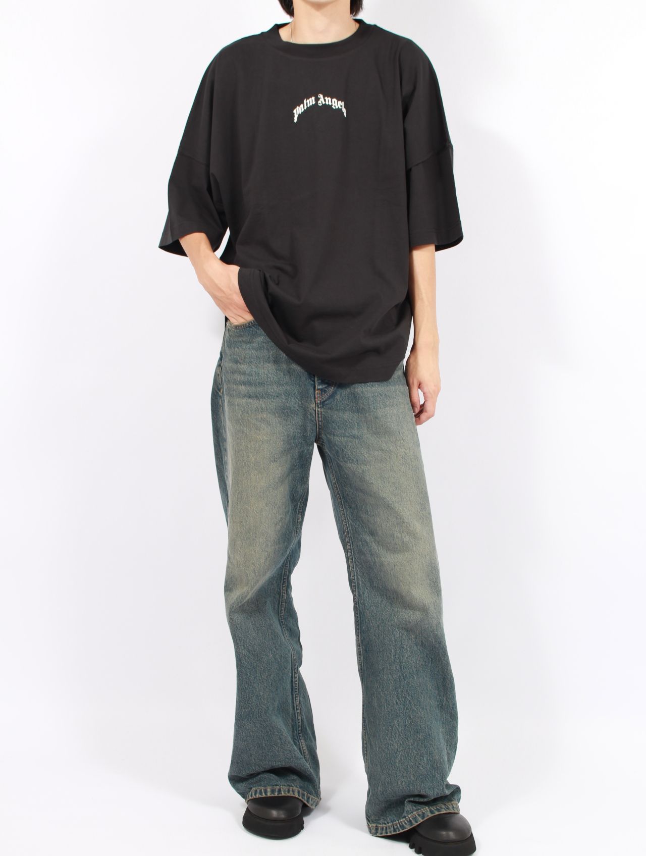 【25AW】定番 バック カーブロゴ オーバー 半袖 Tシャツ / BACK CURVED LOGO OVER TEE / ブラック×ホワイト