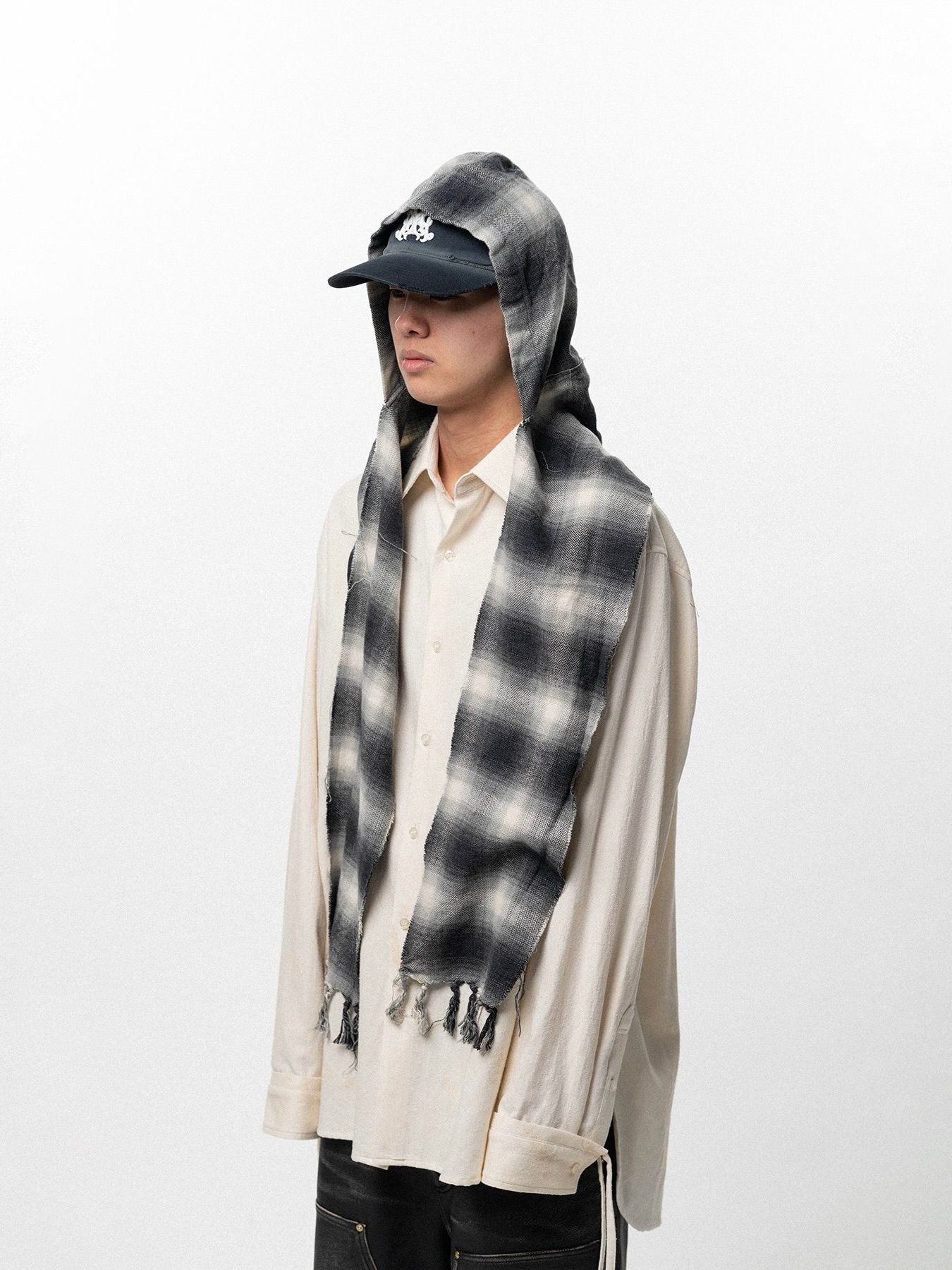 【26SS】フーデッド チェック ストール / HOODED CHECKED STOLE / ブラック