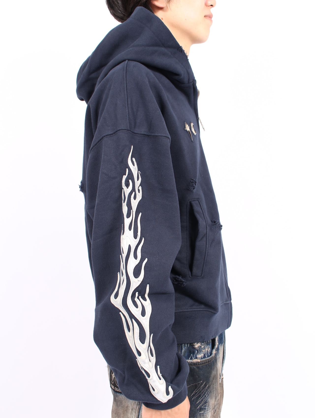 【25AW】レザー フレーム ジップアップ パーカー / LEATHER FLAME HOODED ZIP-UP / ネイビー