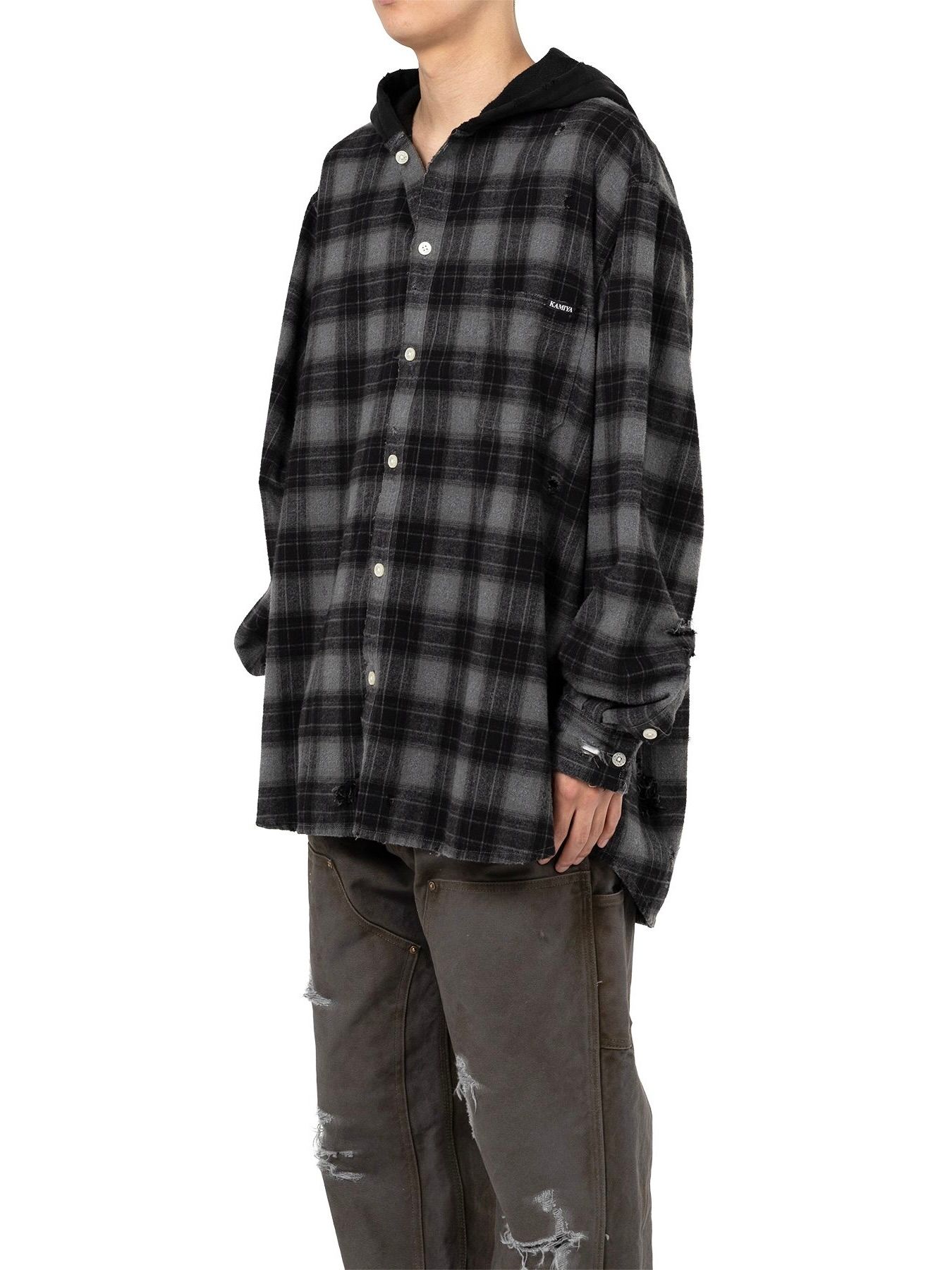 【25AW】ディストレスド フーデッド チェックシャツ / DISTRESSED HOODED CHEAKED SHIRT / ブラック