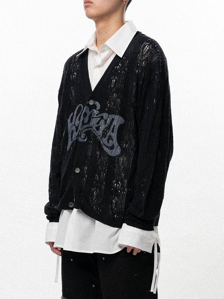 【26SS】ウェービー カミヤ プリンテッド シルクレース ニット カーディガン / "WAVY KAMIYA" PRINTED SILK LACE KNIT CARDIGAN / ブラック