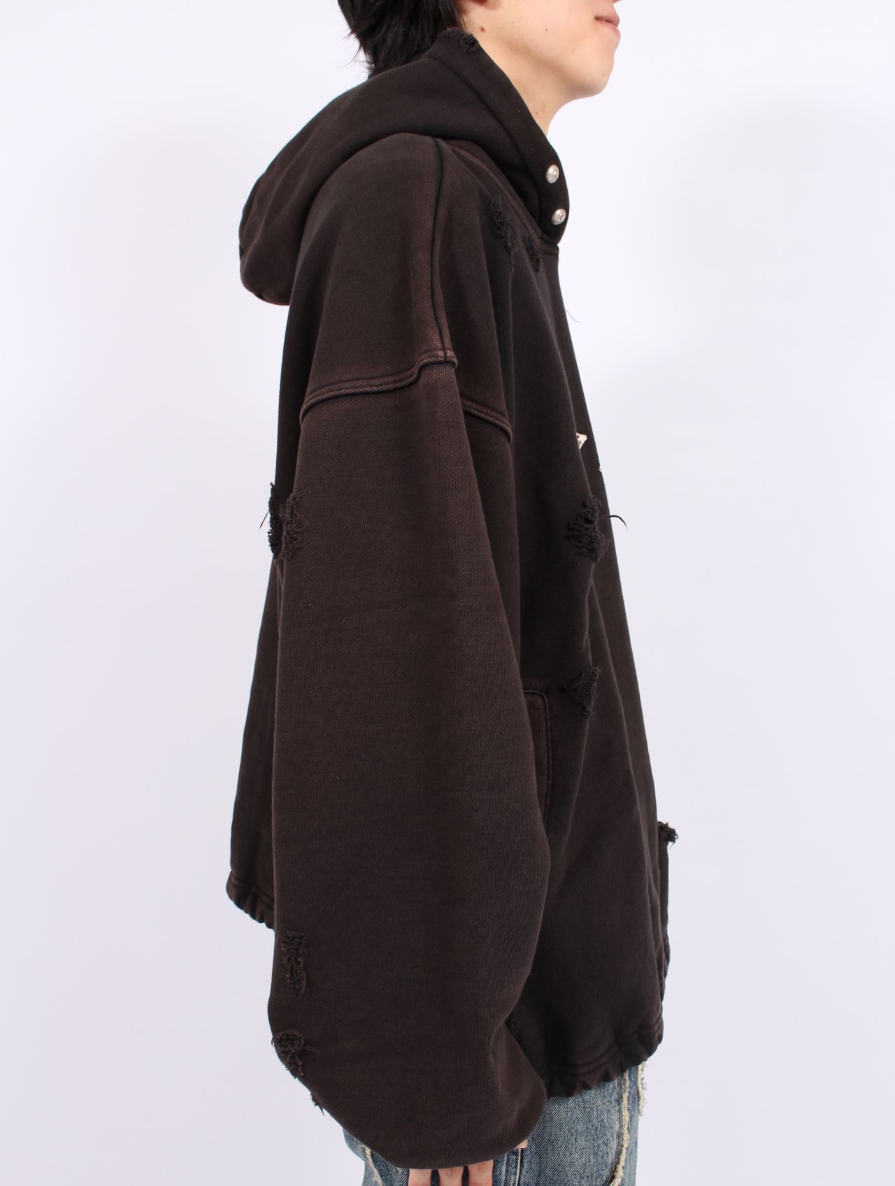 【25AW】ロック フーディー  TCロゴ レザー ダメージ加工 パーカー / ROCK HOODIE / ブラック