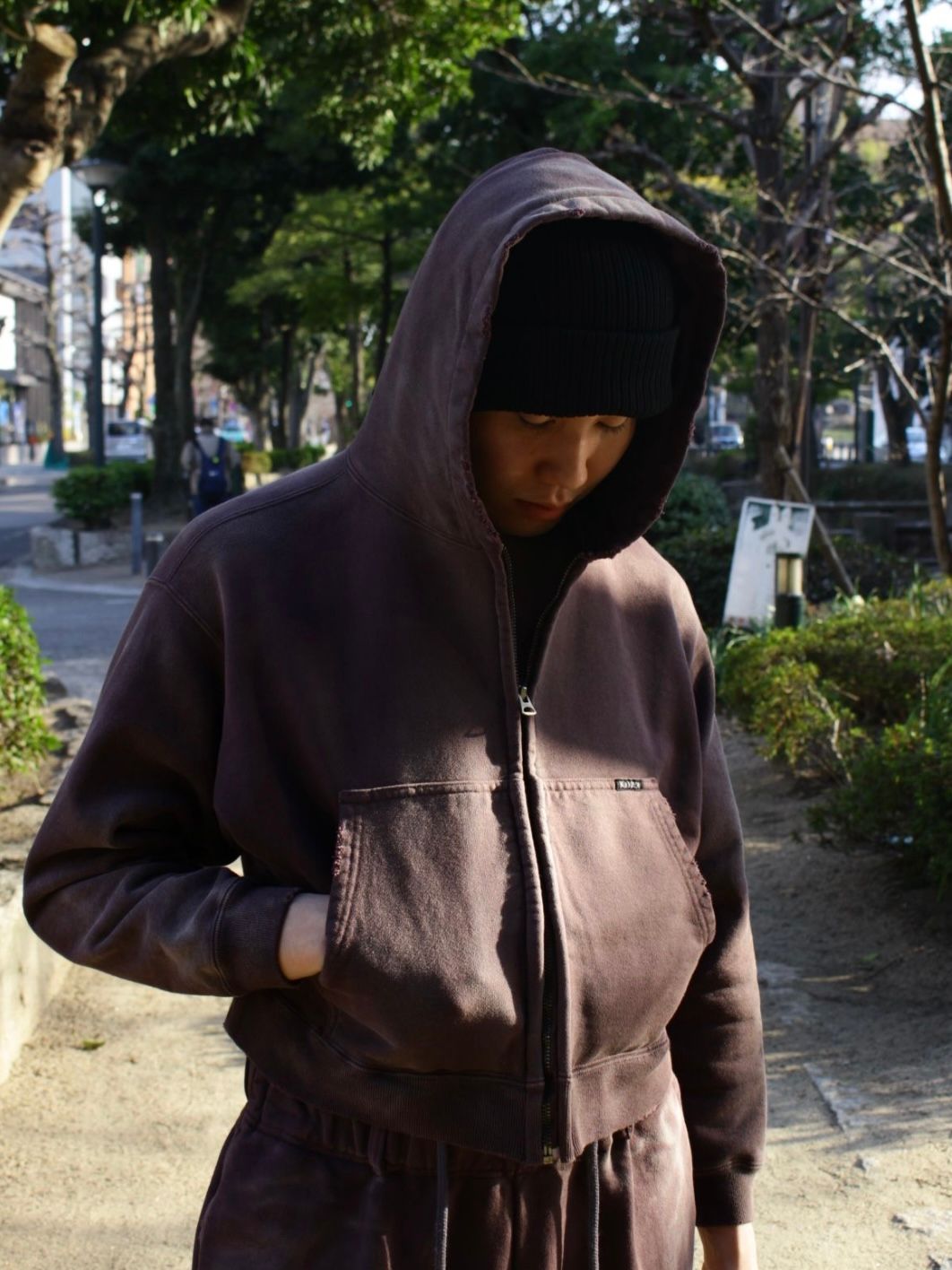【25SS】"カミヤ-ローズ" ディストレスド ジップ フーディー パーカー / “KMY-ROSE” DISTRESSED ZIP HOODIE / ブラウン