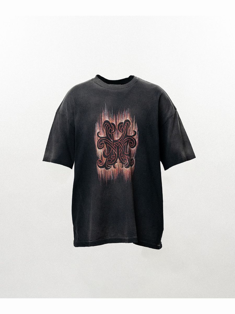 【26SS】"クレヨン フレーム" ディストレスド カミヤ Tシャツ / ”CRAYON FLAME" DISTRESSED TEE / ブラック