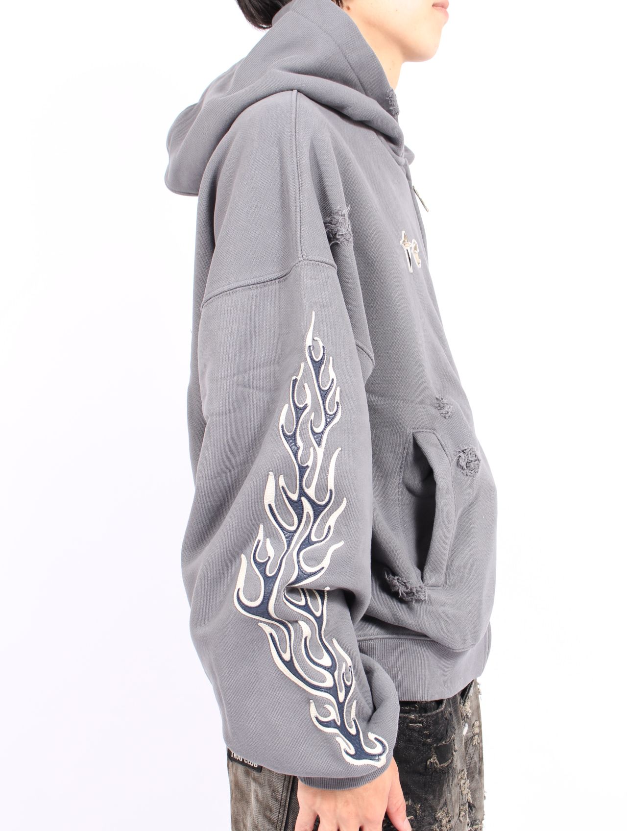 【25AW】レザー フレーム ジップアップ パーカー / LEATHER FLAME HOODED ZIP-UP / グレー