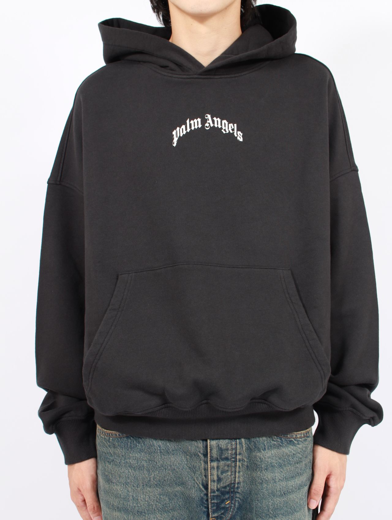 【25AW】バック カーブロゴ ルーズ フーディー パーカー / BACK CURVED LOGO LOOSE HOODY / ブラック×ホワイト