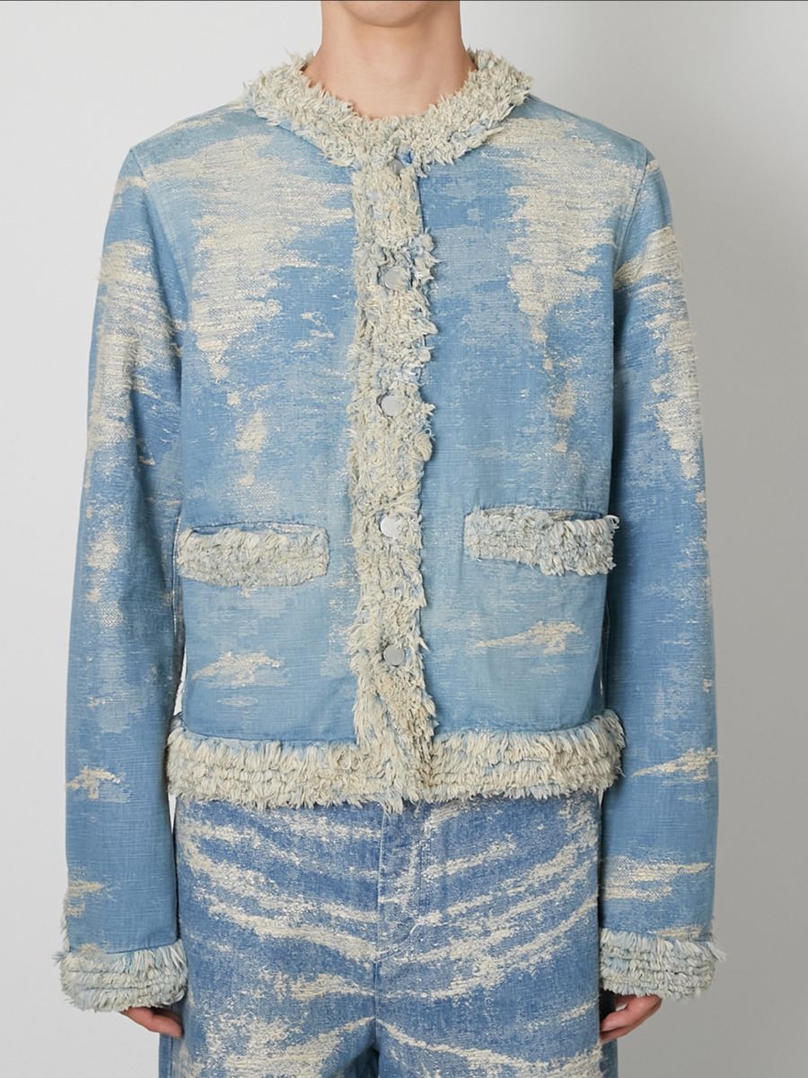 【27SS】カラーレス デニム ジャケット ジャガードデニム シャネル ジャケット / COLLARLESS DENIM JACKET / INDIGO BLEACH (インディゴ ブリーチ)