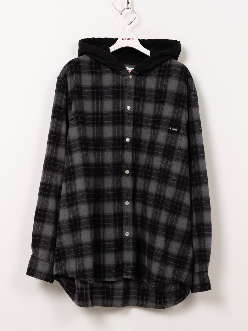 【25AW】ディストレスド フーデッド チェックシャツ / DISTRESSED HOODED CHEAKED SHIRT / ブラック