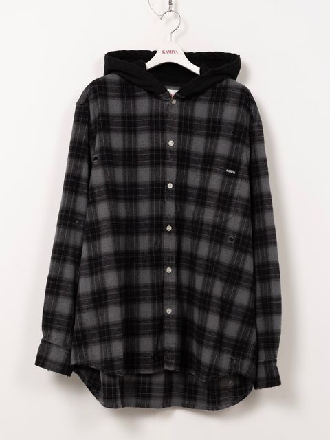 【25AW】ディストレスド フーデッド チェックシャツ / DISTRESSED HOODED CHEAKED SHIRT / ブラック