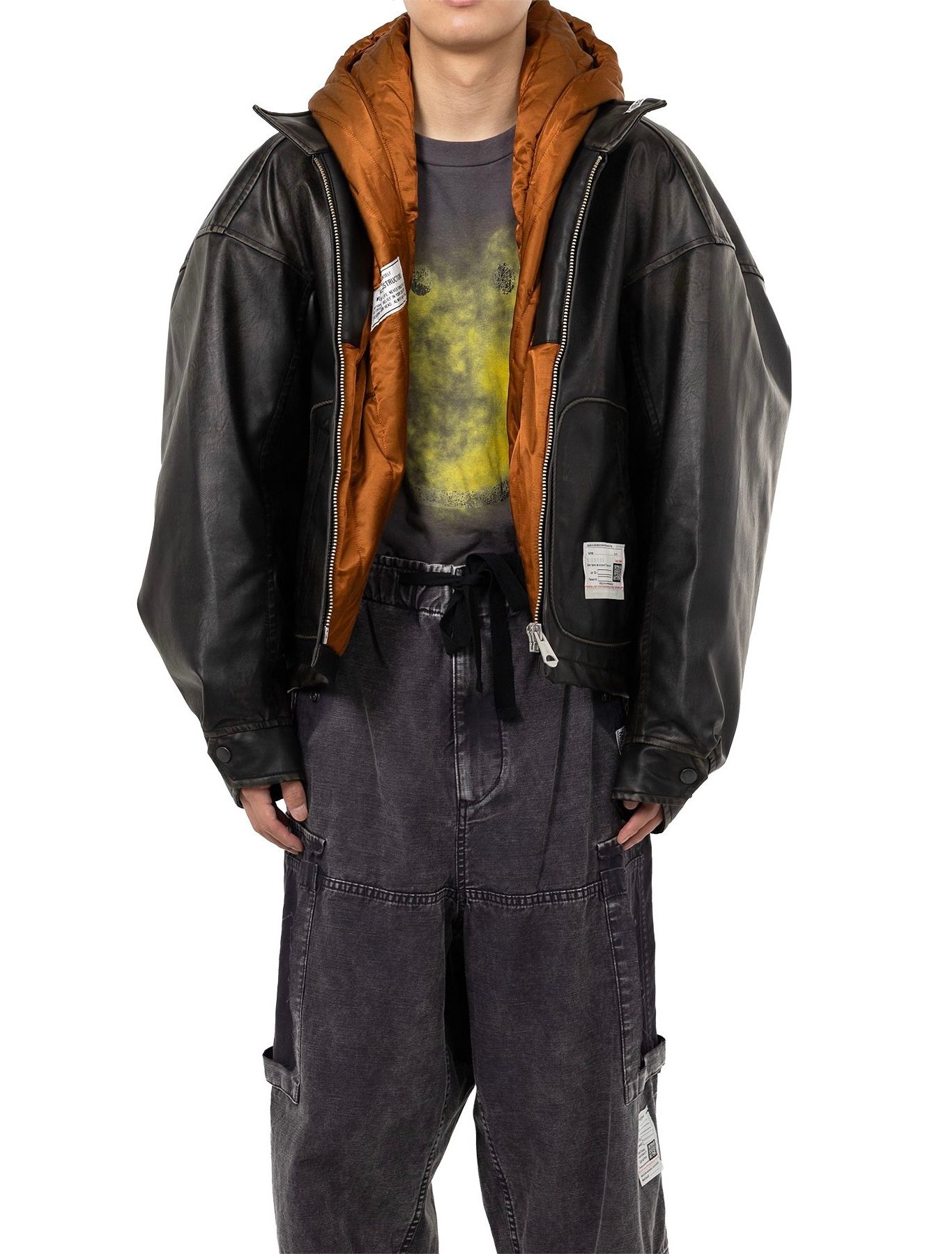 【25AW】エクステンデッド プラケット フード コーテッド レザー ジャケット / LEATHER JACKET / ブラック