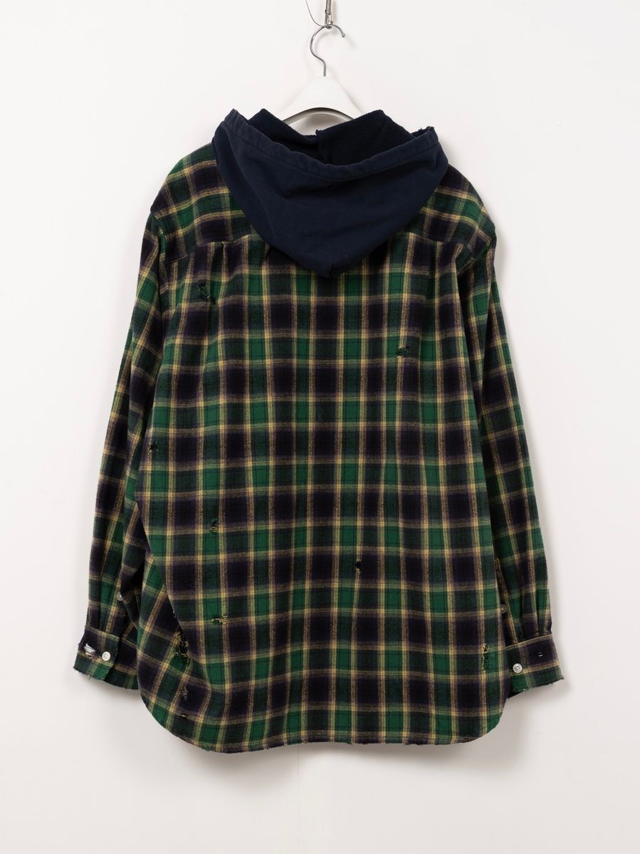 【25AW】ディストレスド フーデッド チェックシャツ / DISTRESSED HOODED CHEAKED SHIRT / グリーン