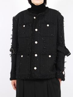 【25AW】ミックス リボン ツイード ノーカラー ボンテージ ジャケット / MIXED RIBBON TWEED NO COLLAR BONDAGE JKT / ブラック