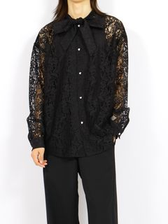 【26AW】フラワーレース ボウタイ シャツ 花柄レース 長袖シャツ / FLOWER LACE BOW TIE SHIRT / ブラック