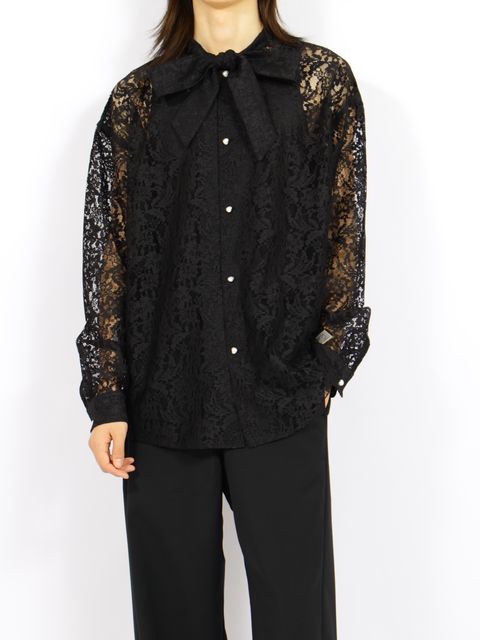 【26AW】フラワーレース ボウタイ シャツ 花柄レース 長袖シャツ / FLOWER LACE BOW TIE SHIRT / ブラック