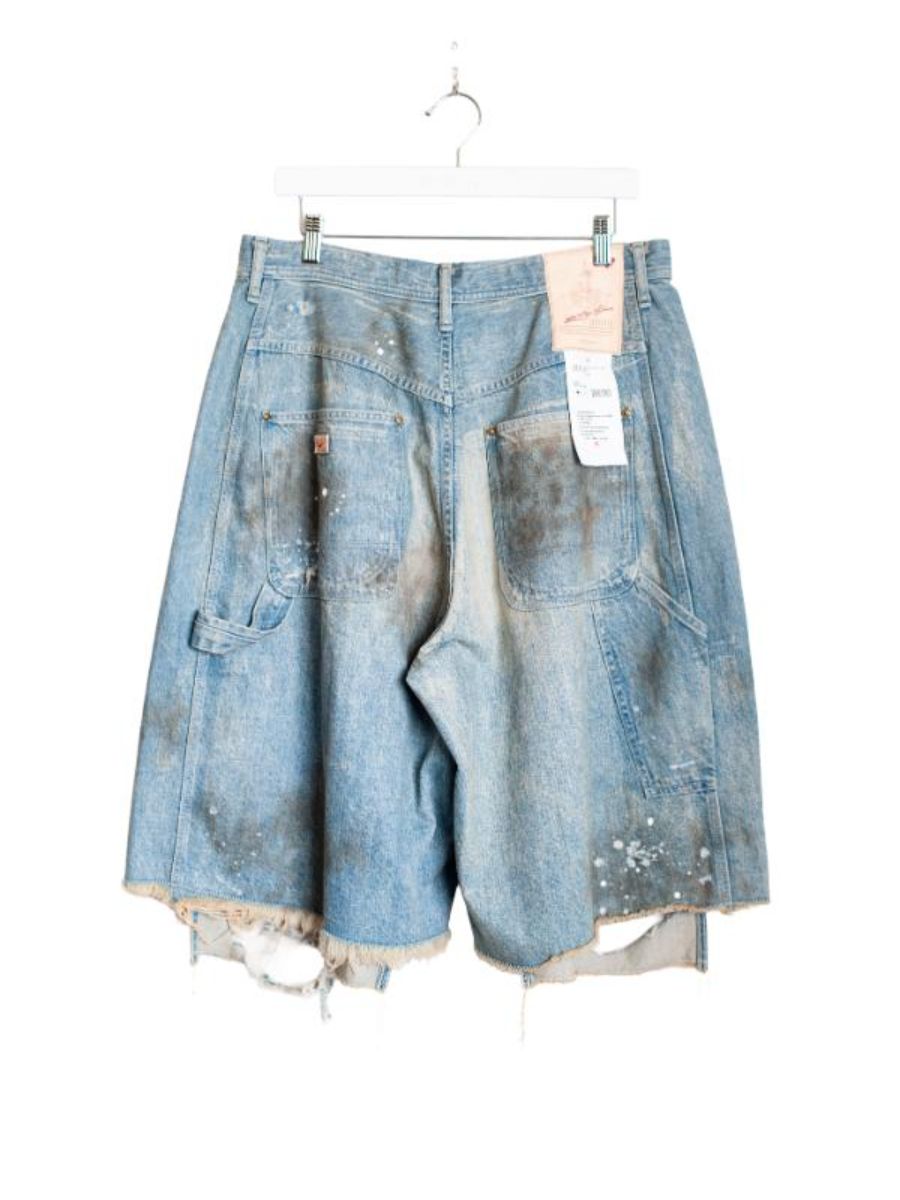 ブロークン ダブルニー デニム ショーツ ハーフ パンツ / BROKEN DOUBLE KNEE DENIM SHORTS / インディゴ
