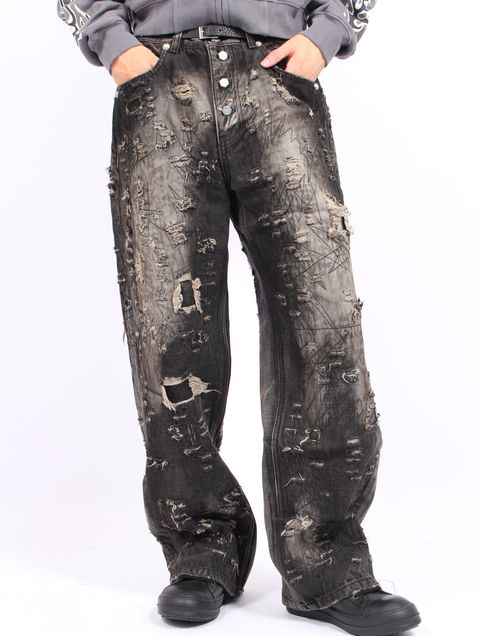 【25AW】ハードウォッシュド ダメージ デニム パンツ / HARD-WASHED DAMAGED DENIM PANTS / ブラック