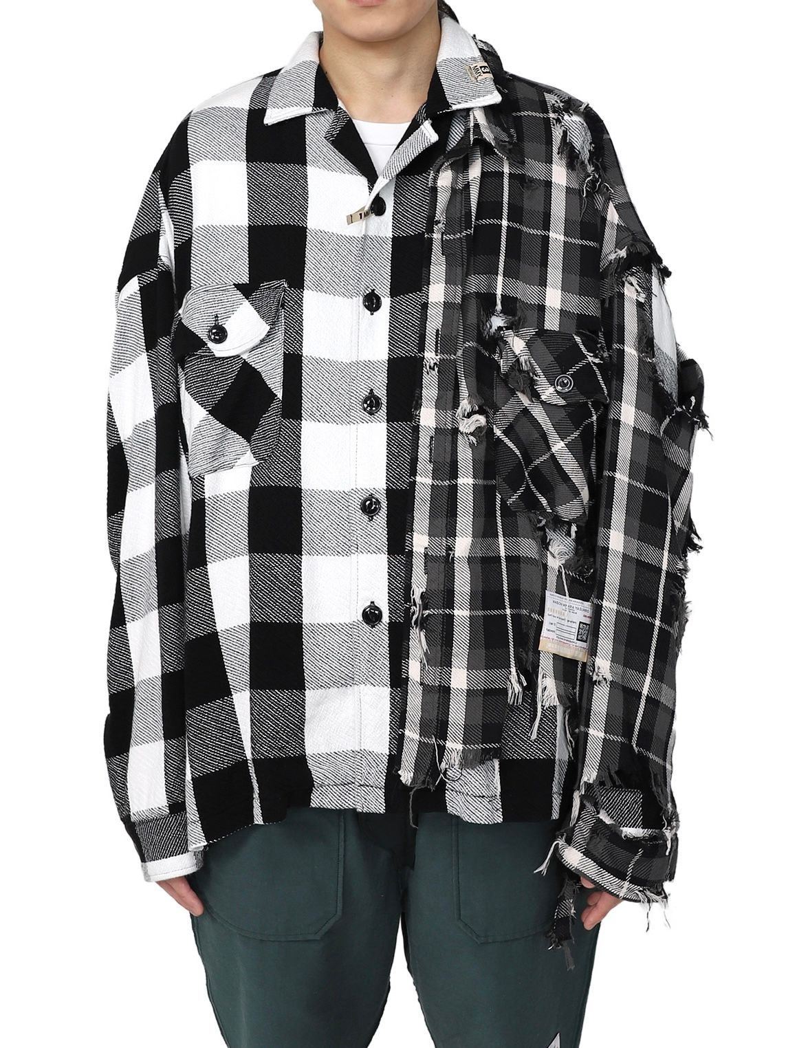 オーバーサイズ ドッキング チェックシャツ / Single Draped Check Shirt / ブラック - 44(S) - ブラック