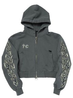 【25AW】レザー フレーム クロップド ジップアップ パーカー / LEATHER FLAME CROPPED HOODED ZIP-UP / グレー