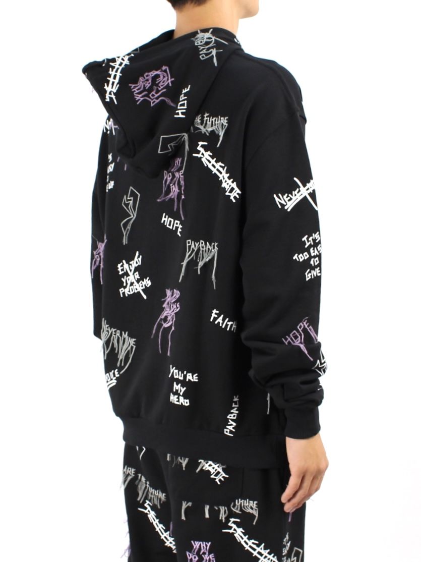 【21AW】総柄 刺繡プリントパーカー / NEW MANIFESTO HOODIE / ブラック × マルチ