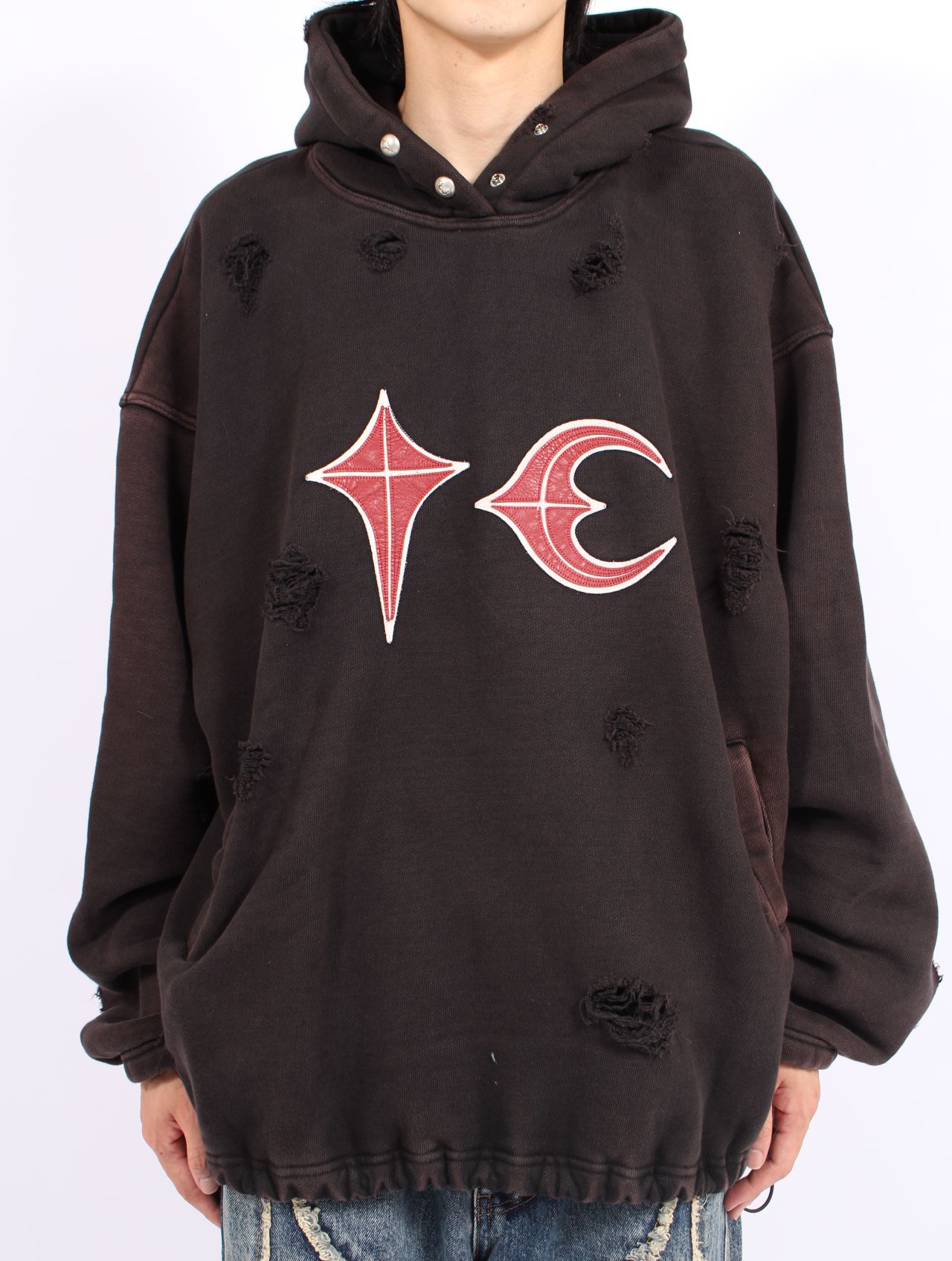 【25AW】ロック フーディー  TCロゴ レザー ダメージ加工 パーカー / ROCK HOODIE / ブラック