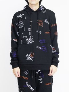 【20AW】総柄 刺繍プリント パーカー / WRITTINGS HOODIE / ブラック