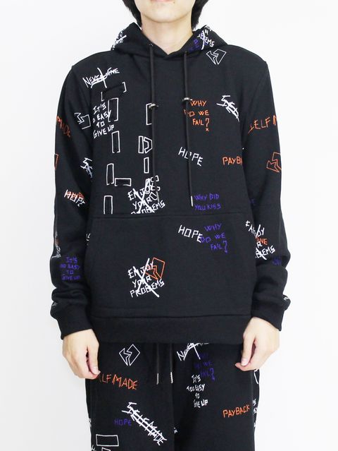 【20AW】総柄 刺繍プリント パーカー / WRITTINGS HOODIE / ブラック
